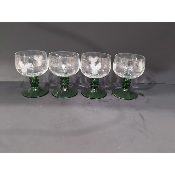 Roemer Etched Grape Glasses, Cordial Wine Set of 4, Green Ribbed Stem, Drinkware - Picture 3 of 9